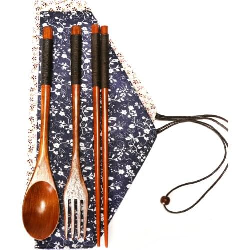 3 Pcs Natural Wooden Tableware Chopsticks Spoon Fork Japanese Style Dinnerware Home Kitchen Dinner Tableware Products