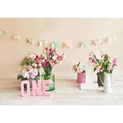 Flowers Bunting Pink Wall Photography Backgrounds Computer Printed Backdrop for Children 1 Birthday Party Photobooth Fond Photo