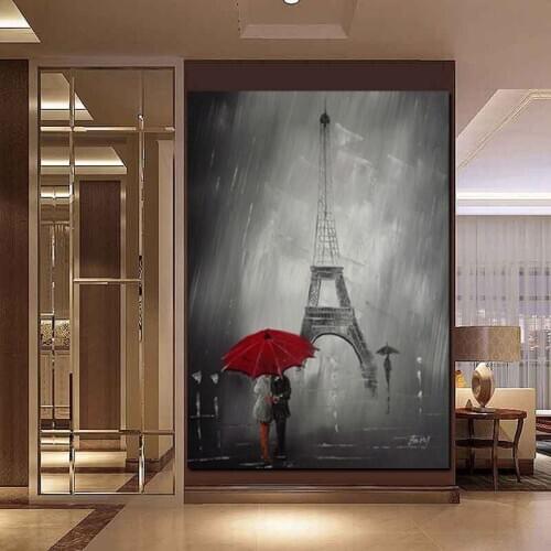 Wall Art Canvas Painting Red Umbrella Romantic Paris City Print on Canvas Poster Wall Picture for Living Room Home Decoration