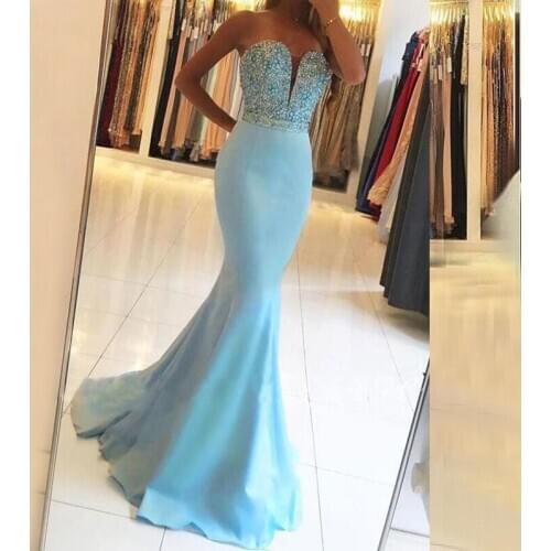 Sky Blue Long Evening Dresses Mermaid Satin Lace Appliques Beaded Evening Formal Party Gowns Robe de soiree Vestidos