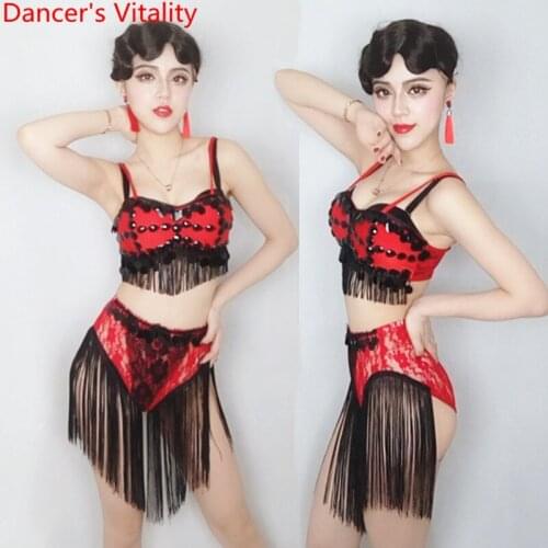 New DS Performance Costume Western DJ Female Singer Nightclub Bar Red Tassel Lace Diamond Pole Jazz Dancing Stage Wear Clothes