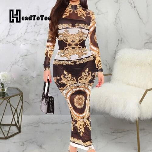 Print Colorblock Print Sexy Fashion Dresses for Women Full Sleeve Round Neck Slim Floor Length Dress Women