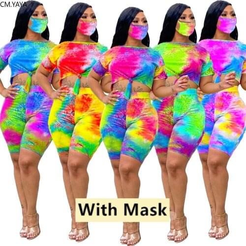 CM.YAYA Sport Tie Dye Print Three Piece Set Tracksuit Short Sleeve T-shirt Knee Length jogger Suit Outfit Matching Set
