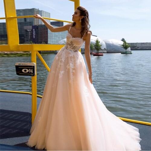 Boho Champagne Wedding Dresses Sweetheart Spaghetti Straps Lace Appliques A Line Tulle Formal Bridal Gowns Robe de Mariee