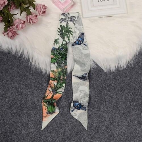 Tropical Plants Butterfly Luxury Brand Scarf Women Skinny Bag Silk Scarves New Design Wrist Towel Foulard Neckerchief Headband