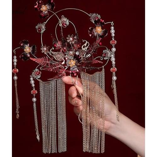 PEORCHID Vintage Chinese Wedding Decorative Handheld Fans For Bride Metal Flower Tassel Gold Red Bridesmaid Bridal Fan Bouquets