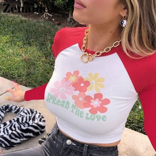 Zenaide 2021 Patchwork Kawaii Floral Print Fashion Crop Top Autumn Women Y2K Slim Sexy Long Sleeve T Shirt Vintage Baby Tee