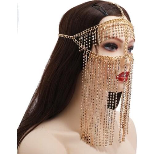 Women Handmade Faux Crystal Tassel Masquerade Mask Veil Face Chain Belly Dance Stage Cosplay Party Headband Jewelry