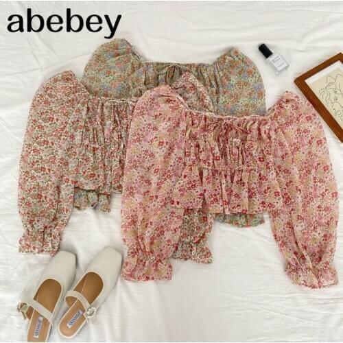 2021 New Spring Summer Women Sweet All-match floral print Blouse off shoulder Slash neck lace up Pleated Shirts Top