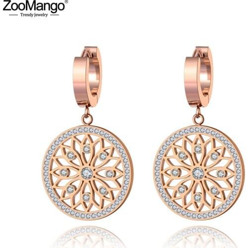 ZooMango Original Design Stainless Steel Flower Rattan Disc Earrings Jewelry Trendy CZ Crystal Hoop Earrings For Women ZE19269