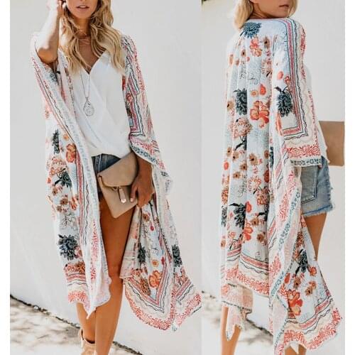 2021 Women Sexy Floral Chiffon Cardigan Bathing Suit Cover-ups Beach Wear Kimono Dress For Women Summer Shawl Swimsuit Cover Up