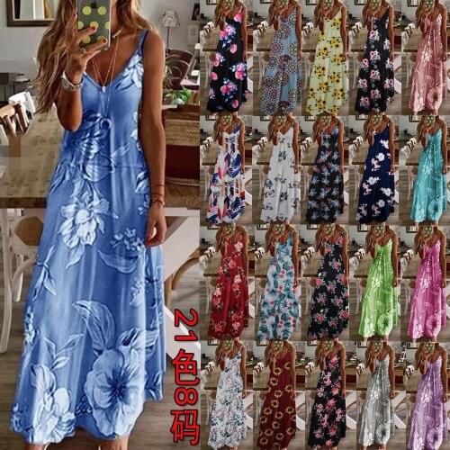 2021 Women Summer Strap Beach Boho Maxi Dress Sexy V Neck Floral Flower Print Elegant Party Long Dress Plus Size 5XL Sundress