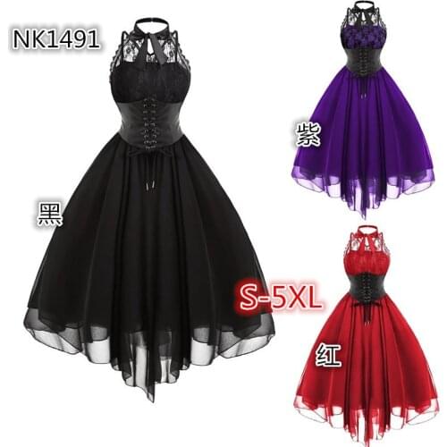Halloween Gothic Cosplay Dress Women Medieval Hollow Out Print Big Swing Dress Female Lace Up Dress Plus Size S-5XL