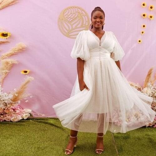 Black Girls African Simple Wedding Dresses With V Neck Half Sleeve Bridal Gown Garden Ankle Length Boho Beach Vestido De Novia