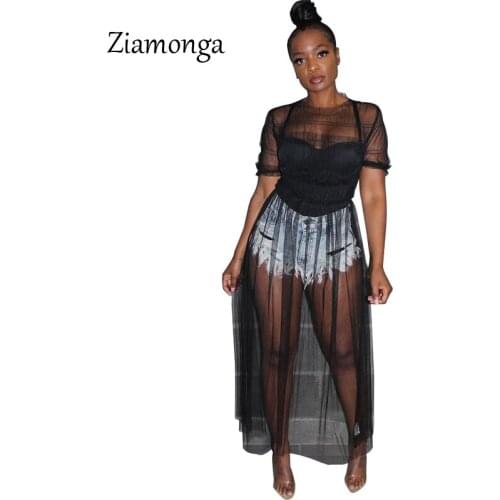 Ziamonga Perspective Mesh Dress Ruffles Strap 2019 Summer Style Dress Women Lady Fashion Sexy Casual Bandage Long Maxi Dresses