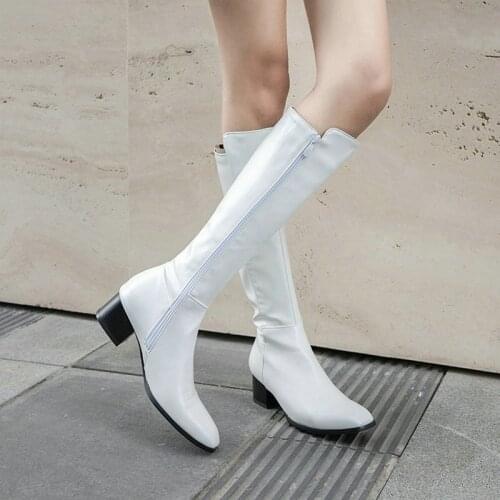 Winter Women Knee High Boots White Black Round Toe Square Root Knight Boots with Zipper Long Boots Large Size 34-43