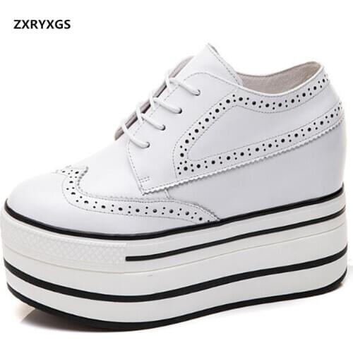 ZXRYXGS Full Genuine Leather Platform Shoes Women Leather Shoes Increased Within High Heels Increase Shoes Fashion Casual Shoes