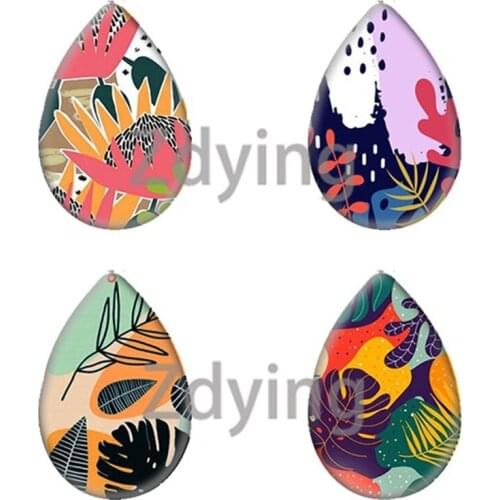 Zdying 10pcs Tropical Plant Leaf Flowers Water Tear Drop Shape Glass Cabochon Photo For Base Tray DIY Jewelry Findings