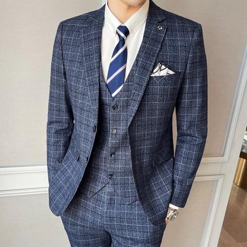 Blazers Pants Vest 3 Pcs Set / 2021 Mens Business Casual Fashion Three Piece Plaid Suit Jacket Coat Trousers Waistcoat