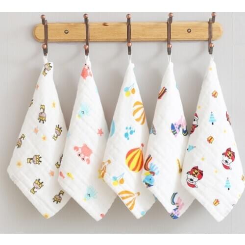 5pcs 6 Layers Baby Muslin Cotton Washcloth Cartoon Baby Face Towels Handkerchief Soft Bath Towel Absorbent Feeding Burp Cloths
