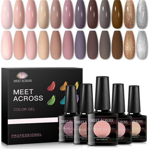 MEET ACROSS Gel Nail Polish Set Acrylic Nail Kit 12Pcs Soak Off Hybrid Lacquer Semi Permanent Gellak Varnish Set For Manicure