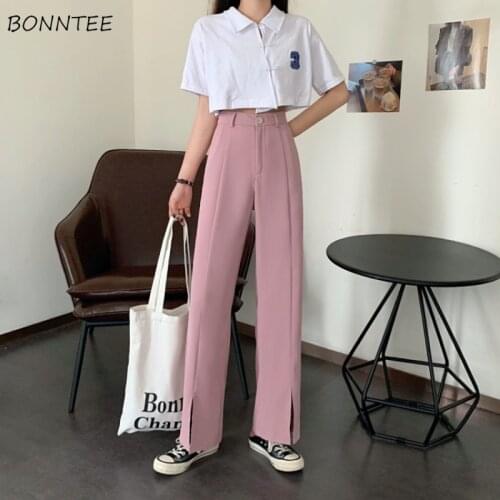 Pants Slit Straight Solid Simple Student Casual All-match Ulzzang Trendy Design Harajuku High Waist Comfortable Trousers Ins New