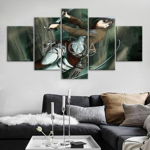 Home Decor Canvas Attack on Titan Girl Fight Wall Art Painting Pictures 5 Piece Printing Modular Artwork Poster For Living Room