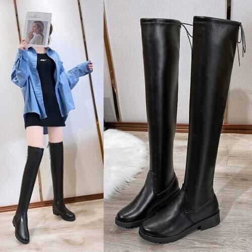 New Over the Knee Boots PU Winter Shoes Women Thigh Shoes Square Heel Knee High Boots Lace Up Warm Snow High Boots largas mujer