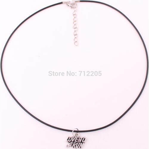 New Arrival antique silver plated 20pcs a lot "Love to run" Charm Leather chain necklace