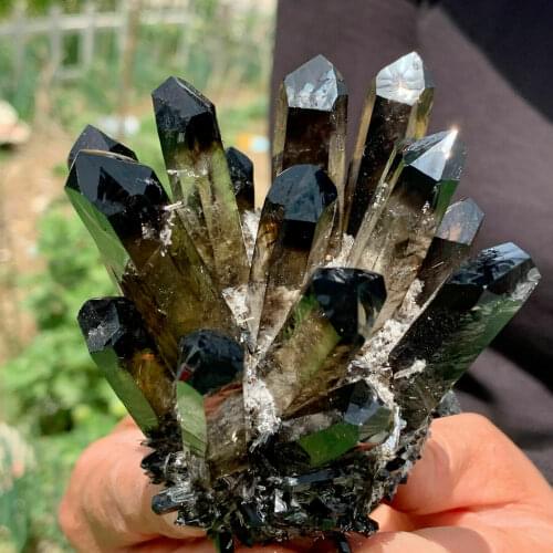 A newly discovered black phantom quartz crystal cluster ore sample is cured
