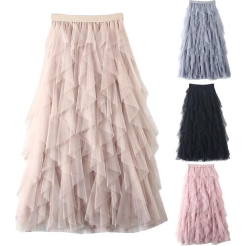 Casual Women Autumn Solid Color High Waist Elastic Mesh Ruffled Long Tulle Skirt