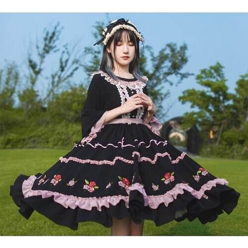 Princess tea party sweet lolita dress vintage lace bowknot high waist victorian dress black sweet style pink rose embroidery cos