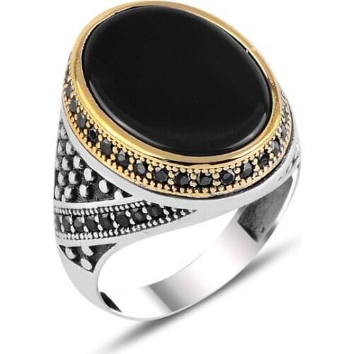 Silver 925 Sterling Onyx & Zircon Crystal Ring