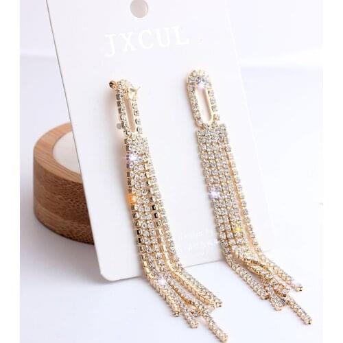 Temperament Shiny Rhinestones Long Tassel Earring for Women Gold Color Alloy Chains Geometric Drop Earrings Brincos 2021