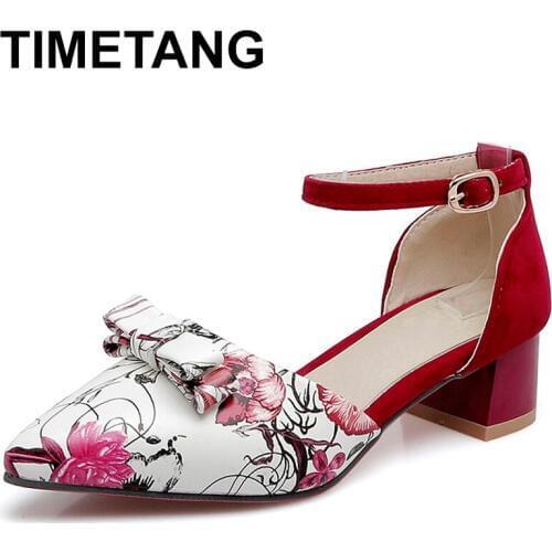 TIMETANG Plus Size 32-48 Women Med Heel Pointed Toe Sandals Ladies Flower Ankle Buckle Shoes Women Bowtie Bowknot Summer C285