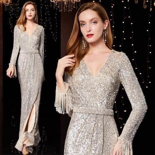 Evening Dresses V-Neck Dresses Woman Party Night Floor-Length Sequin Mermaid Prom Dresses