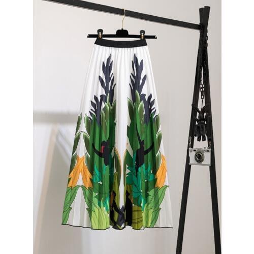Pleated Skirt Women Print Elastic Women Skirt Big Swing Party Holiday high waist skirt Pleated skirt streetwear Mid-Calf