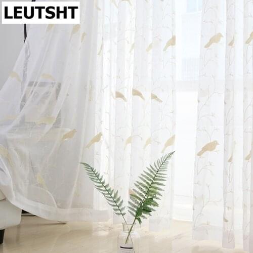Rustic Style Embroidered Bird Curtains White Tulle for Balcony Living Room Sheer Curtains For Kitchen Door Window Drapes
