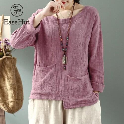 EaseHut Women Cotton Blouse Long Sleeve Solid Color Low High Asymmetric Hemline Pockets Tops Female Loose Casual Blouses blusas