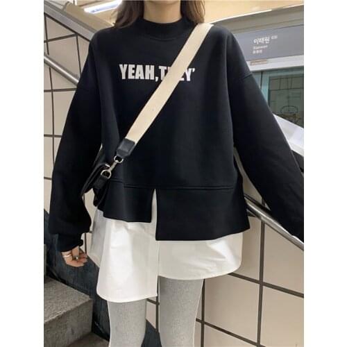 Fake Two Piece Patchwork Sweatshirt Womens Autumn And Winter Loose Korean Thickened Top