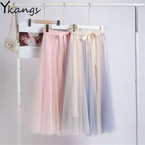 Mesh A-Line Midi Pleated Skirts Summer For Women Layers Princess Tulle Skirts Lady Harajuku Simple Loose Long Skirt Streetwear