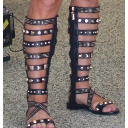 Rome Style Women Metal Rivets Low Heels Sandals Boots Ladies Peep Toe Side Zip Knee High Boots Girls Gladiator Cut-outs Shoes