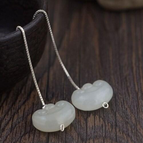 FNJ Long Earrings 925 Silver 100% Pure Original S925 Silver Sterling Drop Earring for Women Jewelry Natural Hetian Jade