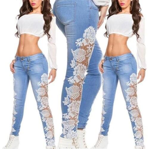 Women Fashion Side Lace Jeans Hollow Out Skinny Denim Jeans Woman Pencil Pants Patchwork Trousers For Women Ropa Mujer