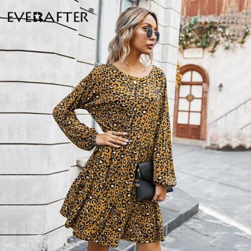EVERAFTER Leopard Print Dress Women Lantern Sleeve Ruffles Casual Holiday Bohemian Autumn Winter A-line Loose Midi Dress Vestido