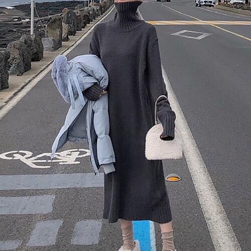 Turtleneck Thick Woman New Warm Knitted Autumn Winter Pollover 2021 Jumper Dresses Casual Korean Solid Sweater Dress Women Robe
