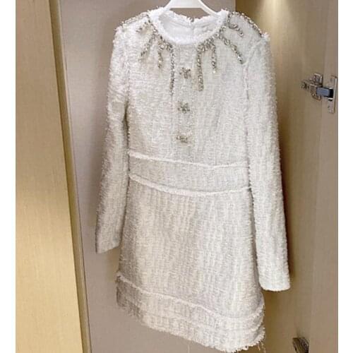 French style small fragrance heavy industry beaded tweed dress women long sleeve autumn vintage a-line dress