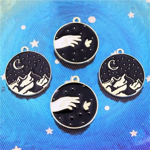 Julie Wang 10pcs Enamel Black Charms Round Alloy Night Sky And Hand Pendant Necklace Bracelet Jewelry Making Accessory