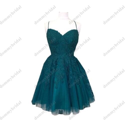 2022 Simple Teal Short Homecoming Prom Graduation Dresses with Spaghetti Straps Tulle Applique Lace Mini Ruched Cheap