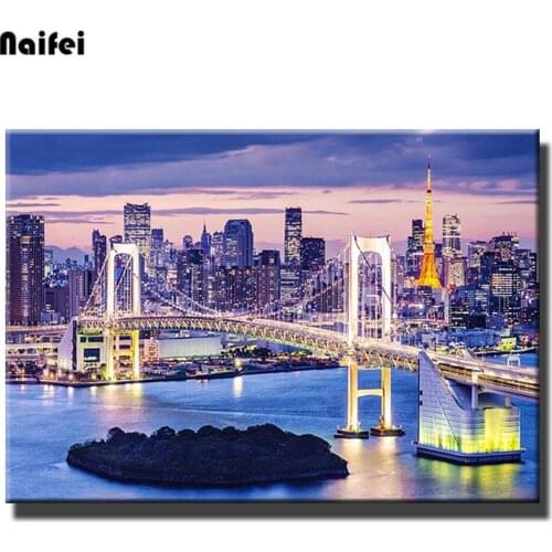5D square round stones full diamond embroidery Rainbow Bridge Tokyo Night crystal diamond painting mosaic city view diy hobby